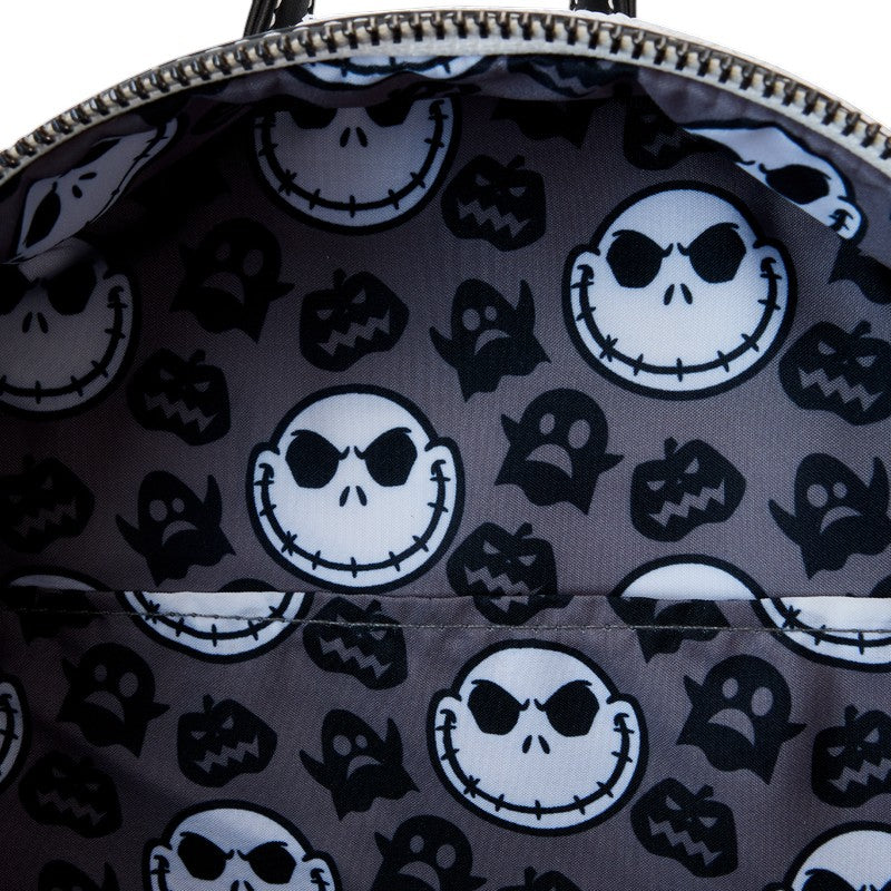 Inside Jack Skellington Sequin Mini Backpack Close-up with Jack Skellington pattern on a dark background