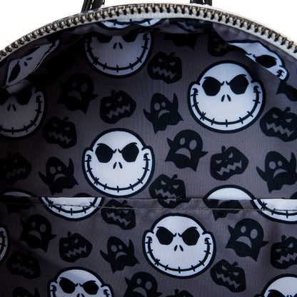 Inside Jack Skellington Sequin Mini Backpack Close-up with Jack Skellington pattern on a dark background