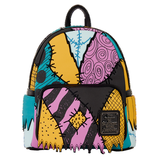 Colorful backpack with a Sally from the Nightmare Before Christmas unique pattern on a white background