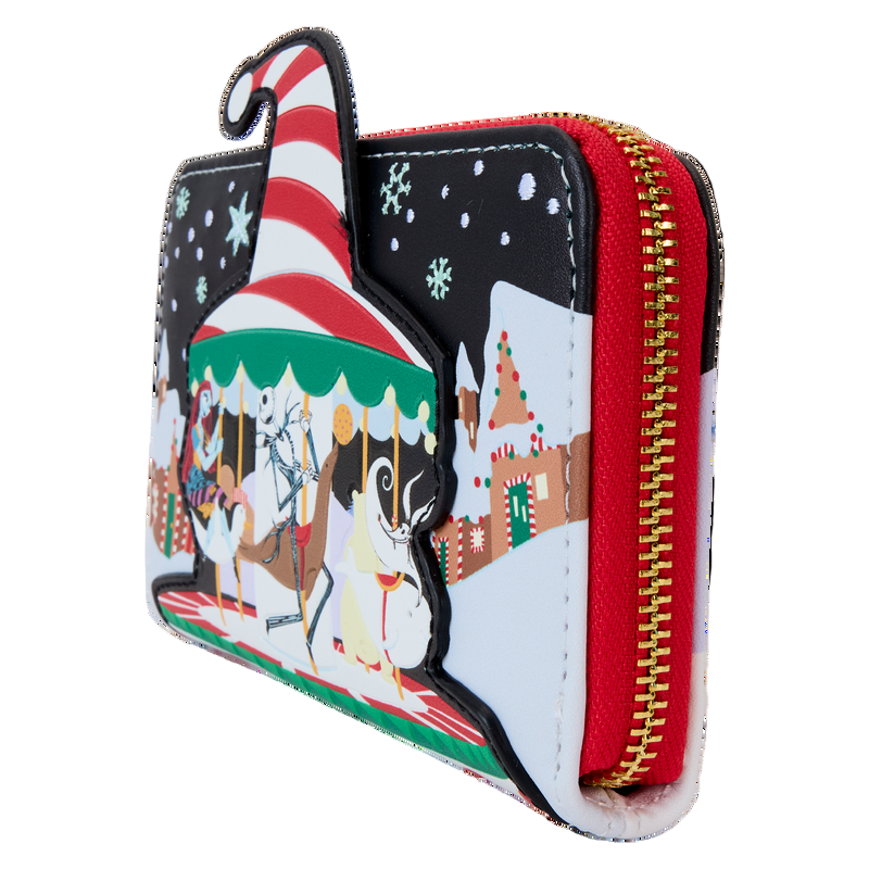 Side NBC Town Carousel wallet with festive design on a white background