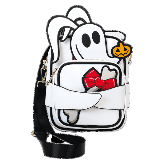 Zero ghost dog-themed crossbody bag with a pumpkin on a white background