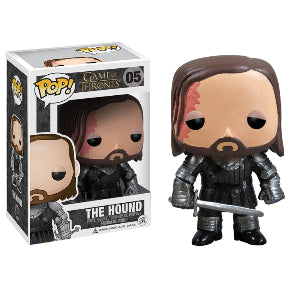 Funko Pop! vinyl figure of The Hound from 'Game of Thrones' wearing armor and holding his sword next to its packaging on a white background