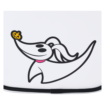 Zero ghost dog from The Nightmare Before Christmas with a jack-o'-lantern on a white background