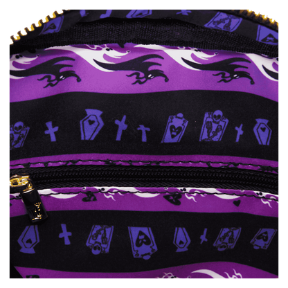 Purple and black patterned bag with gold zippers