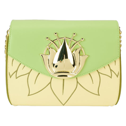 Green and yellow handbag with a gold emblem on a white background