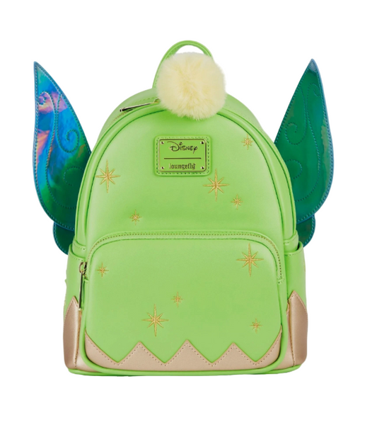 Green backpack with fairy wings and a pom-pom on a white background