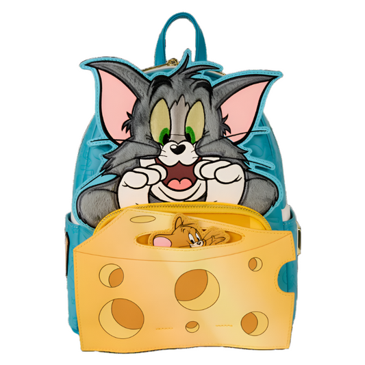 Backpack with Tom and Jerry design with a visible brand logo on a white background