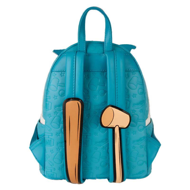 Blue backpack with cartoonish design on a white background