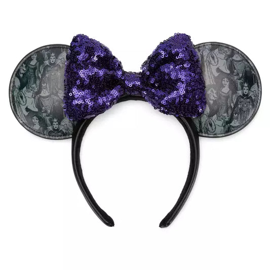 Black headband with purple sequin bow and vintage-style ears on a white background