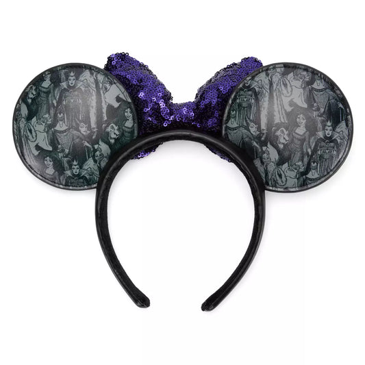 Minnie Mouse ears with purple sequined bow and black and white character design on gray background