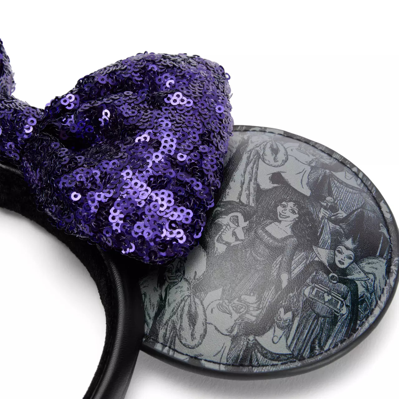 Black mouse ears with purple sequins and a villainous design on a white background