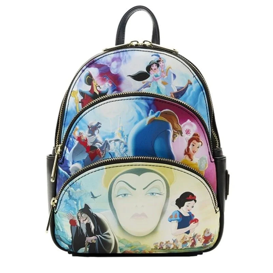 Backpack with Disney character illustrations, including those from Snow White, Beauty and the Beast, and Aladdin, on a white background
