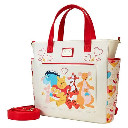 Tote bag with Winnie the Pooh characters and red handles on a white background