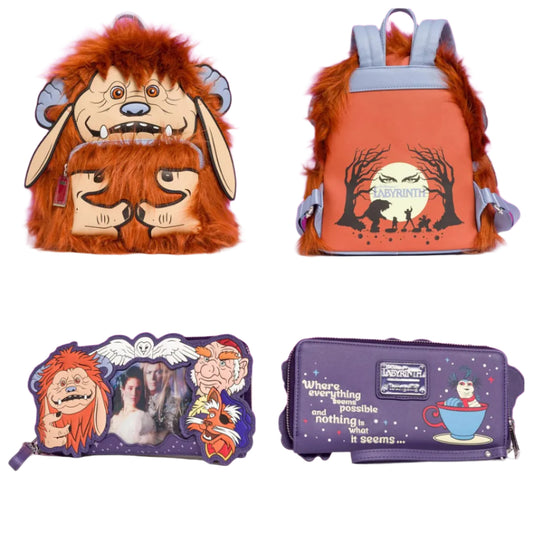 Four product images including a backpack and wallet with the movie Labyrinth-themed designs on a white background.