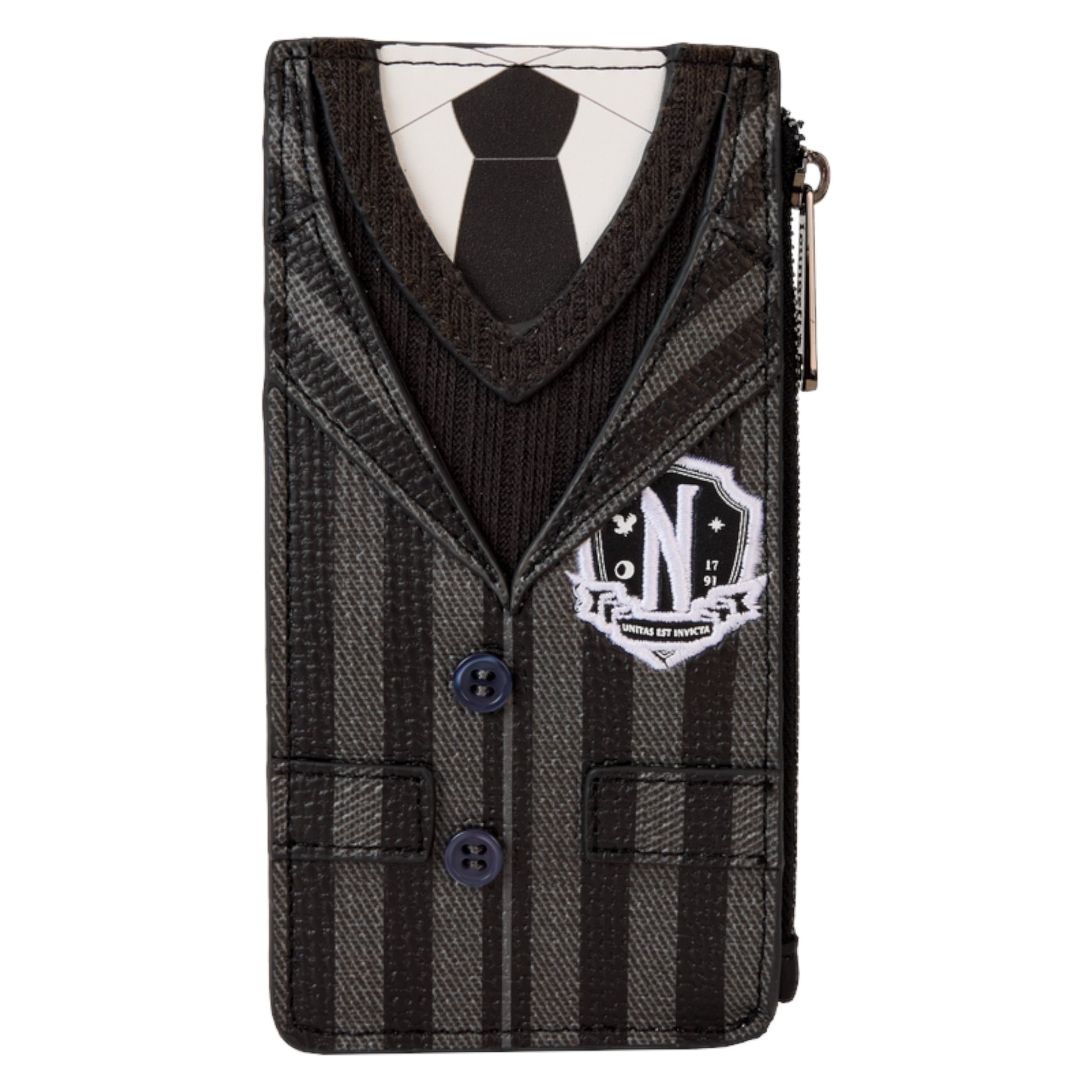 Large cardholder wallet designed like Wednesday Addams' school uniform jacket with a tie on a white background