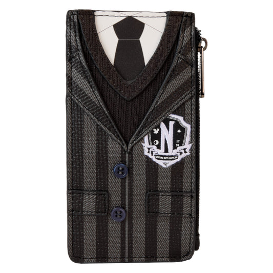 Large cardholder wallet designed like Wednesday Addams' school uniform jacket with a tie on a white background