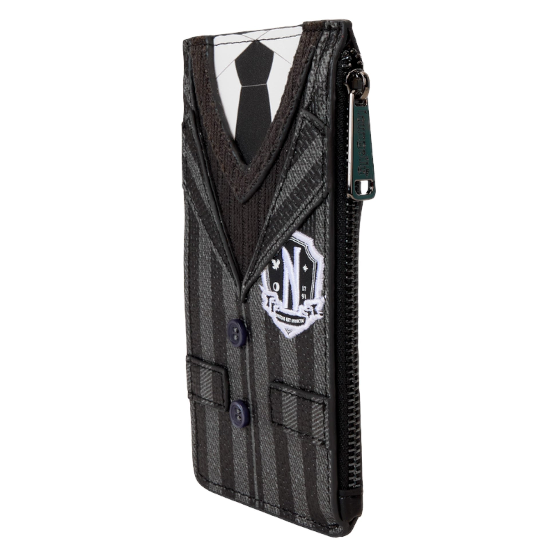 Large cardholder wallet designed like a suit jacket with a Nevermore Academy on a white background