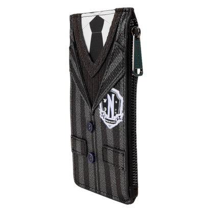 Large cardholder wallet designed like a suit jacket with a Nevermore Academy on a white background