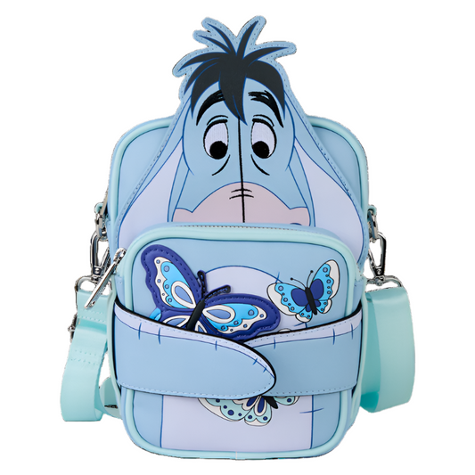 Front of the Crossbody Bag of Eeyore with butterfly design on a white background