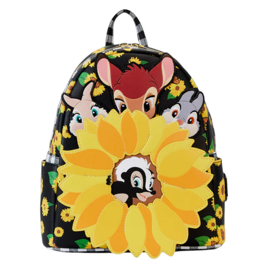 Front Bambi Sunflower Friends Mini Backpack with bambi and friends characters and sunflower design on a white background