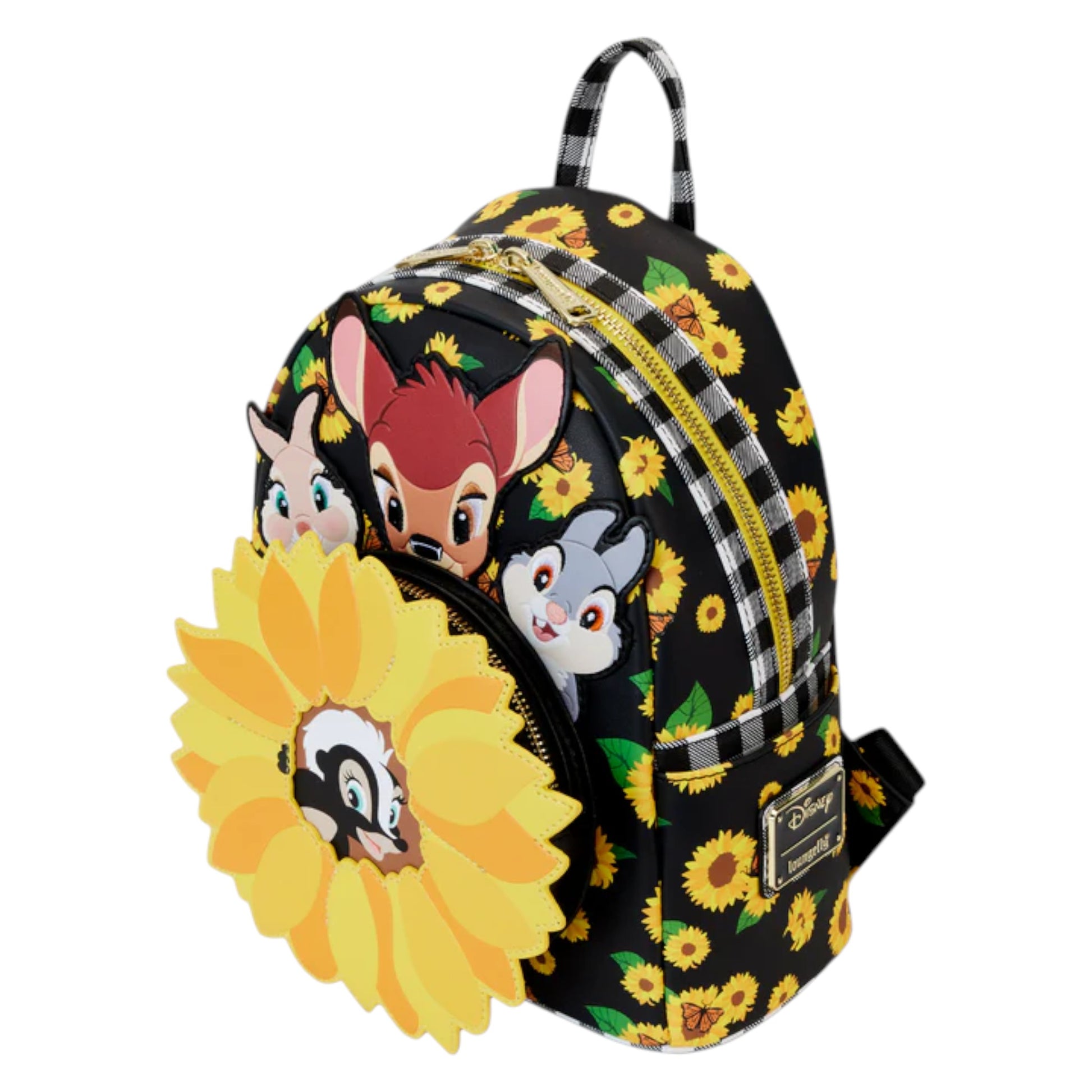 Top and side Bambi Sunflower Friends Mini Backpack with bambi and friends characters and sunflower design on a white background