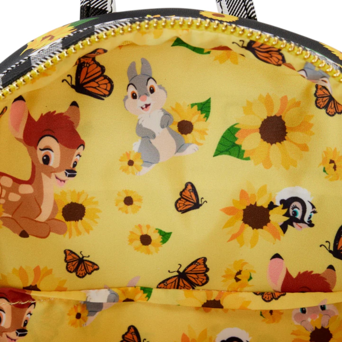 Inside Front Bambi Sunflower Friends Mini Backpack with bambi and friends characters a and sunflower pattern on a white background