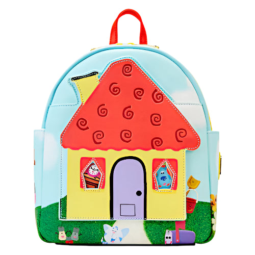 Front view of Blue's Clues House backpack with red roof and yellow outside walls and a picture of Blue in the window on a white background 