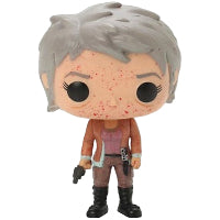 Funko Pop! vinyl figure bloody Carol Peletier holding a gun from 'The Walking Dead' on a white background