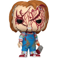 Funko Pop! vinyl figure of Chucky bloody holding an axe on a white background