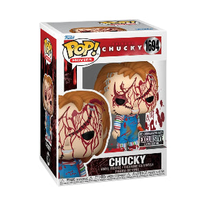 Funko Pop! Chucky bloody holding an axe vinyl figure packaging on a white background