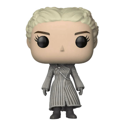 Funko Pop! vinyl figure of Daenerys Targaryen with blonde hair and a gray outfit on a white background
