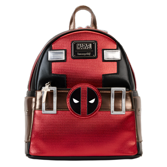 Deadpool-themed backpack with Marvel logo on a white background