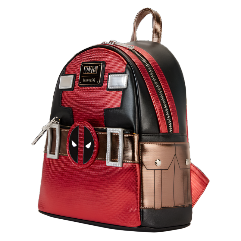 Side view of Deadpool backpack with red, black, and brown design on a white background