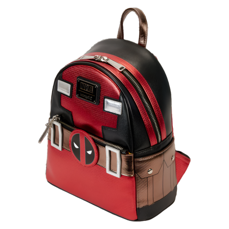 Side view of Deadpool backpack with red, black, and brown colors on a white background