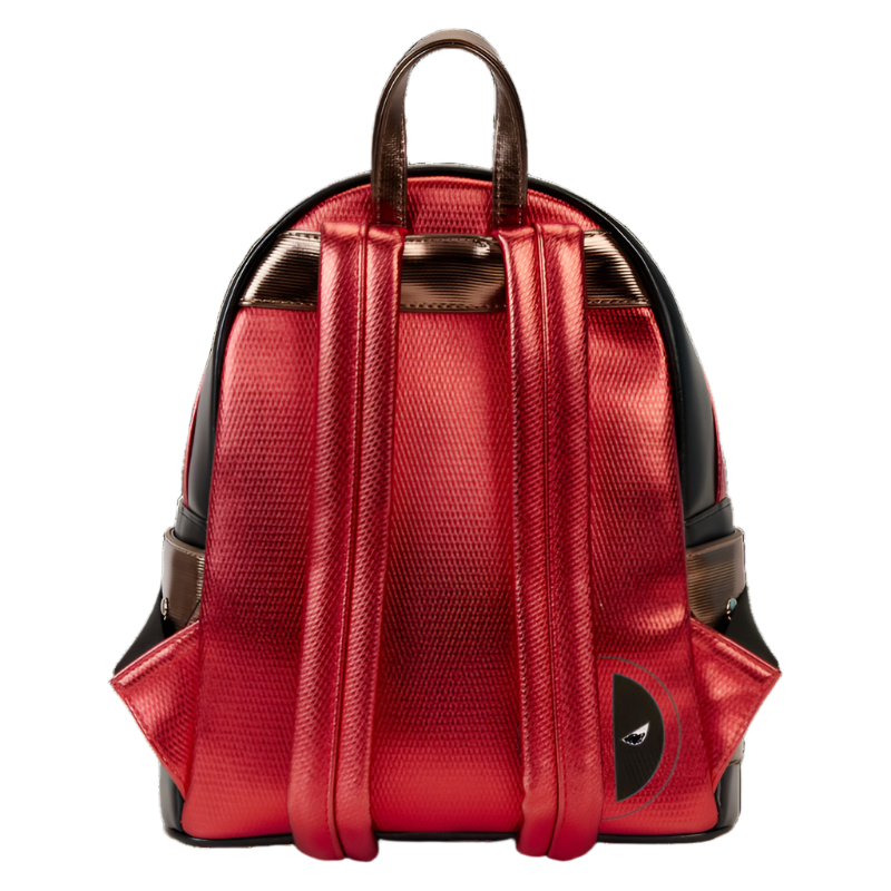 Back of Deadpool backpack with a black logo on a white background