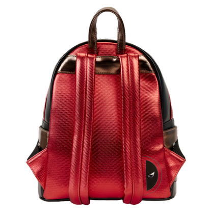 Back of Deadpool backpack with a black logo on a white background