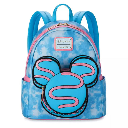 Blue backpack with Macaron Mickey Mouse icon design on a white background