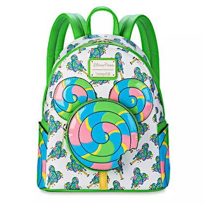 Colorful backpack with Mickey Mouse-shaped lollipop design on a white background