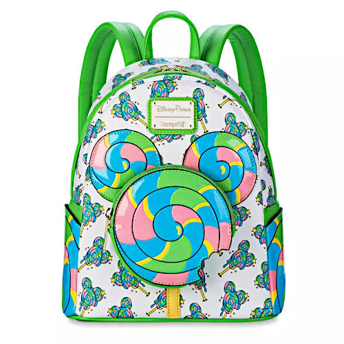Colorful backpack with Mickey Mouse-shaped lollipop design on a white background
