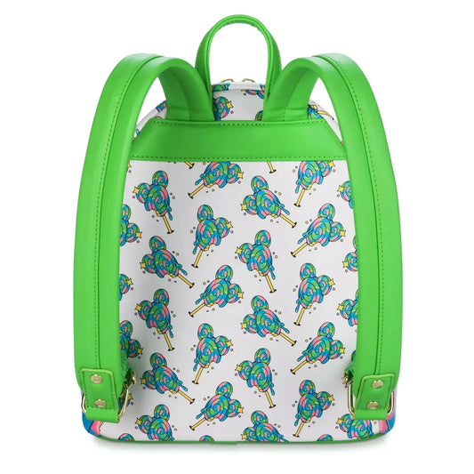 Backpack with colorful Mickey Mouse-shaped lollipop pattern and green straps on a white background