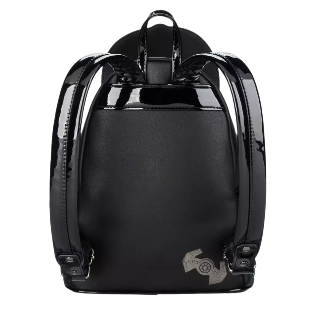 Back view of the mini backpack with transparent sides, black shoulder straps, and a tie fighter picture on a white background