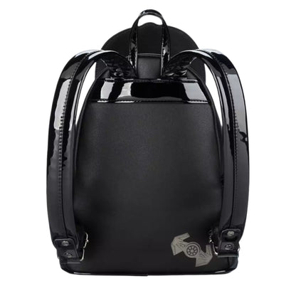 Back view of the mini backpack with transparent sides, black shoulder straps, and a tie fighter picture on a white background