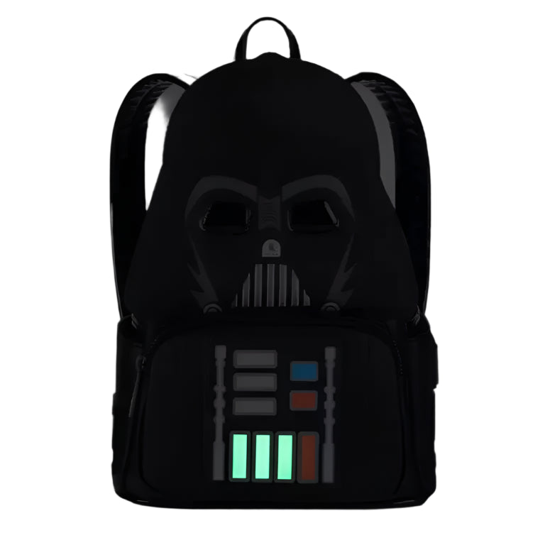 Front view of the mini backpack with Darth Vader design glowing on a white background