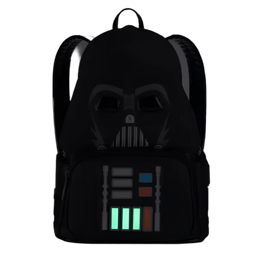 Front view of the mini backpack with Darth Vader design glowing on a white background