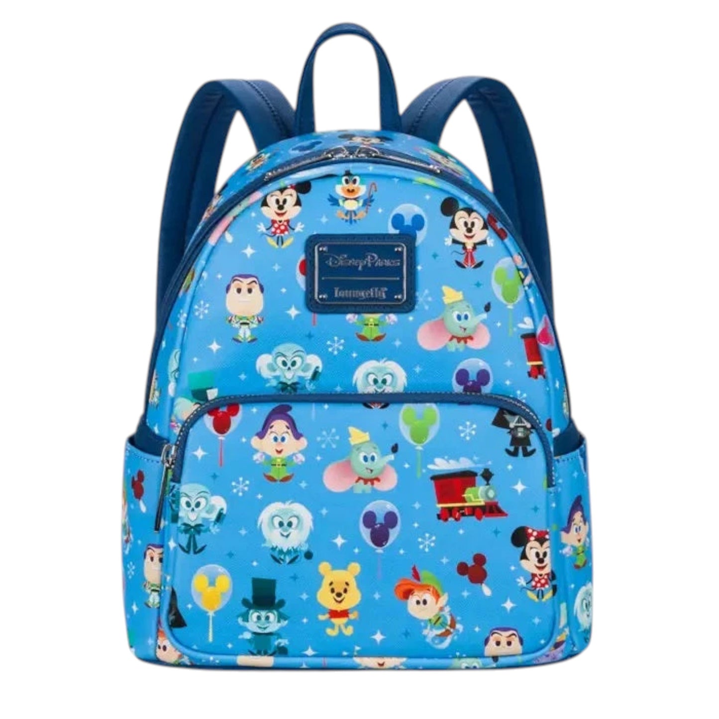 Front Icons Characters Attractions Mini Backpack with various disney character pattern on a white background