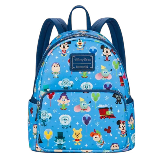 Front Icons Characters Attractions Mini Backpack with various disney character pattern on a white background