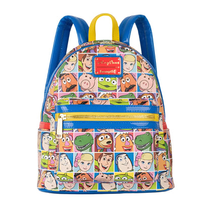 Front view of Toy Story AOP Mini Backpack with various Toy Story character faces on a white background