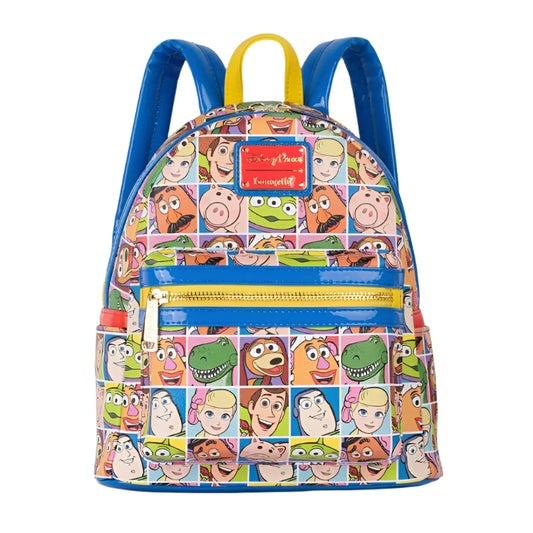 Front view of Toy Story AOP Mini Backpack with various Toy Story character faces on a white background