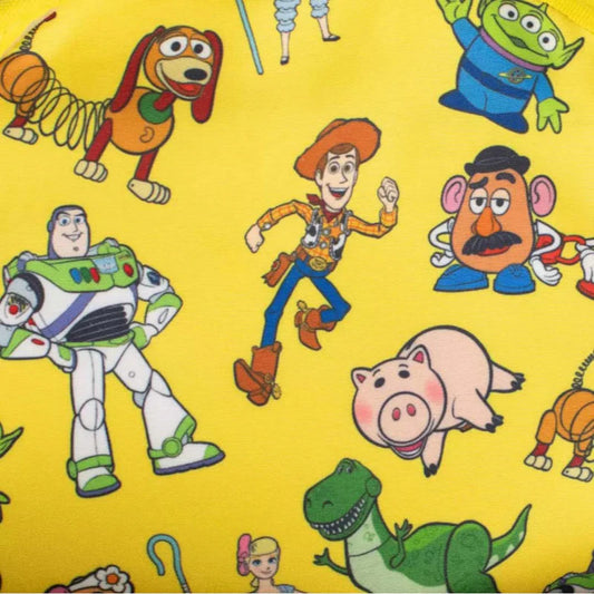Inside view of Toy Story AOP Mini Backpack fabric with various Toy Story characters on a yellow background
