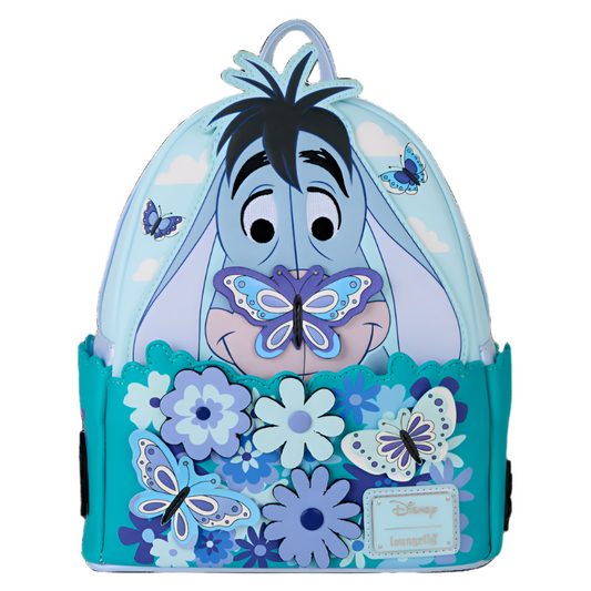 Backpack with Eeyore design featuring butterflies and flowers on a white background